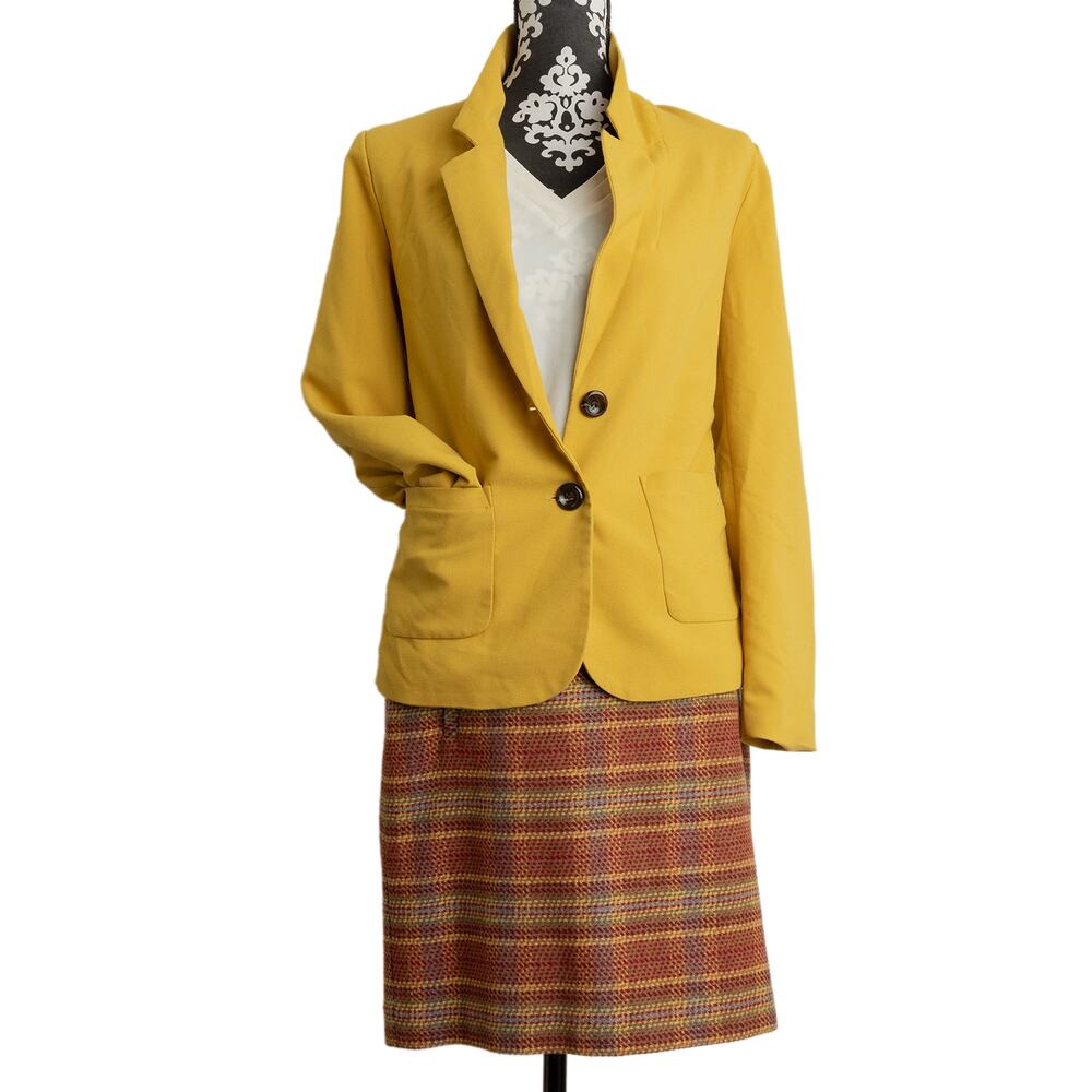 Women's Designer Y2K Mustard Yellow Forever-21 Lined 2-Button Blazer Jacket -EUC